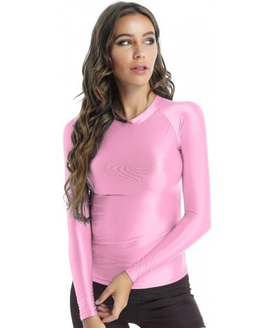 Women's Long Sleeve Shiny Glossy Yoga Sport Shirts Compression Gym Workout T-Shirt Tops Pink $10.00 Shirts