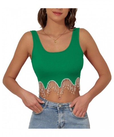 Rhinestone Fringe Top Crop Tank Top Rhinestone Top Sequin Top Sparkly Top Sleeveless Tank Top Green $14.08 Tanks