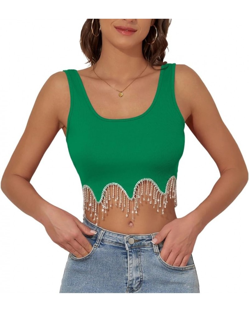 Rhinestone Fringe Top Crop Tank Top Rhinestone Top Sequin Top Sparkly Top Sleeveless Tank Top Green $14.08 Tanks