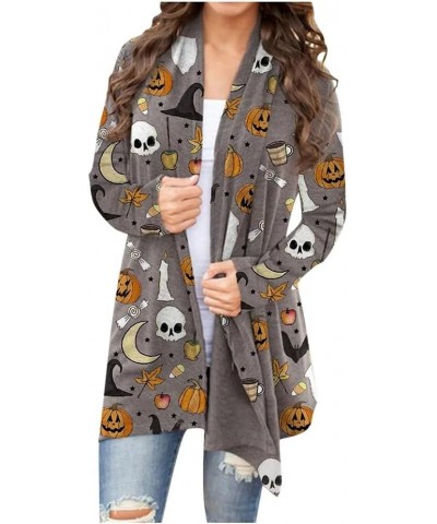 Halloween Cardigan for Women Pumpkin Face Print Tunic Shirt Spooky Season Lightweight Long Sleeve Cardigans Gray $15.33 Sweaters