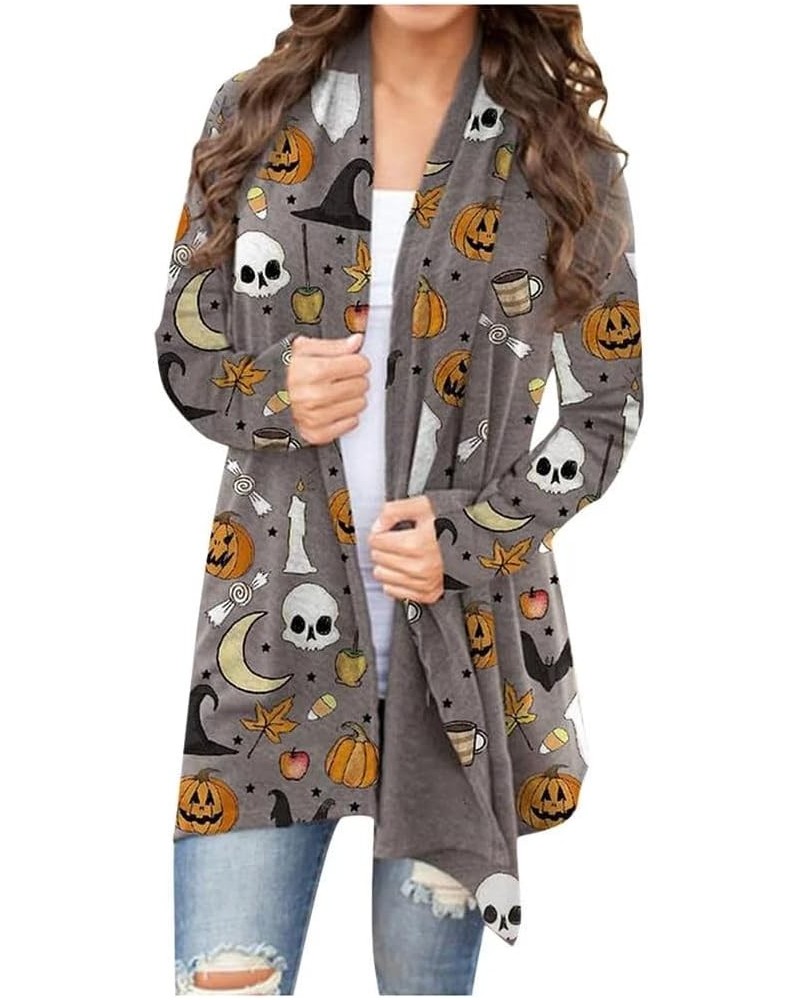 Halloween Cardigan for Women Pumpkin Face Print Tunic Shirt Spooky Season Lightweight Long Sleeve Cardigans Gray $15.33 Sweaters