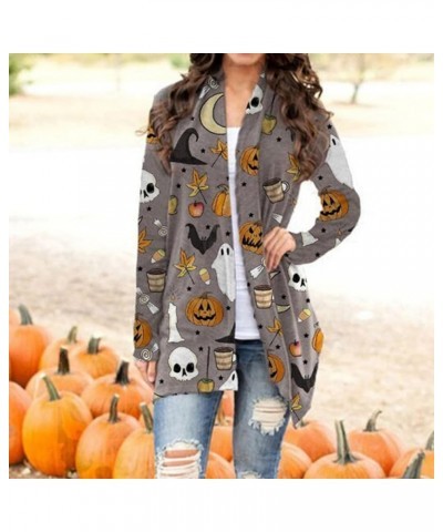 Halloween Cardigan for Women Pumpkin Face Print Tunic Shirt Spooky Season Lightweight Long Sleeve Cardigans Gray $15.33 Sweaters