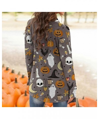 Halloween Cardigan for Women Pumpkin Face Print Tunic Shirt Spooky Season Lightweight Long Sleeve Cardigans Gray $15.33 Sweaters