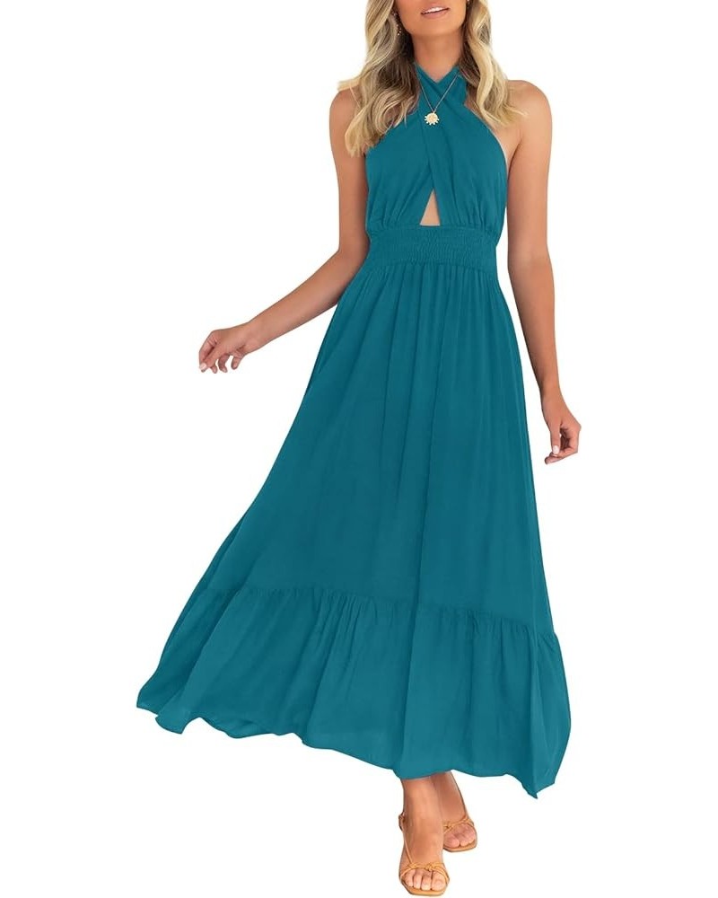 Women's Summer Crossover Halter Neck Sleeveless Plaid Cut Out Backless Flowy A Line Maxi Dress Teal $29.28 Dresses