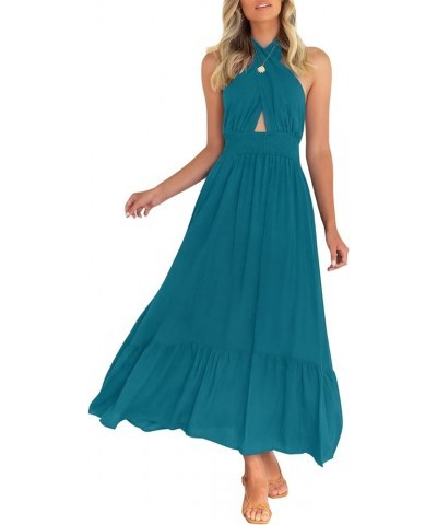 Women's Summer Crossover Halter Neck Sleeveless Plaid Cut Out Backless Flowy A Line Maxi Dress Teal $29.28 Dresses