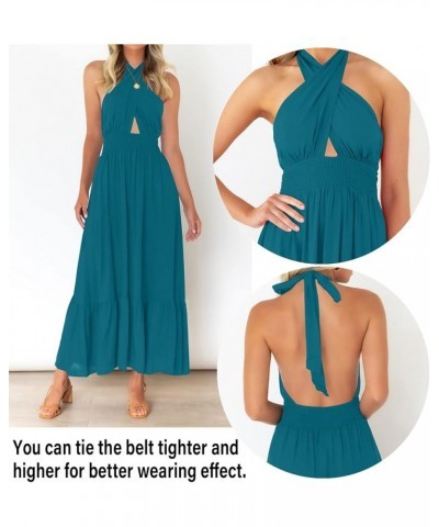 Women's Summer Crossover Halter Neck Sleeveless Plaid Cut Out Backless Flowy A Line Maxi Dress Teal $29.28 Dresses