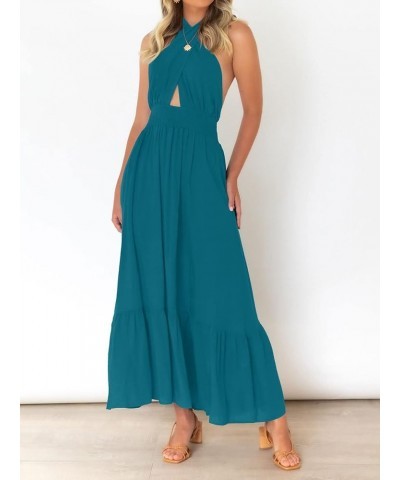 Women's Summer Crossover Halter Neck Sleeveless Plaid Cut Out Backless Flowy A Line Maxi Dress Teal $29.28 Dresses