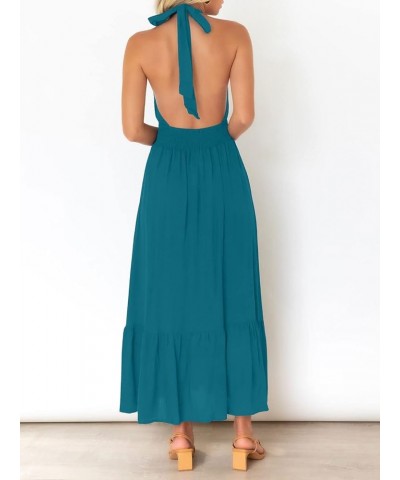 Women's Summer Crossover Halter Neck Sleeveless Plaid Cut Out Backless Flowy A Line Maxi Dress Teal $29.28 Dresses