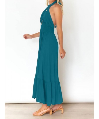 Women's Summer Crossover Halter Neck Sleeveless Plaid Cut Out Backless Flowy A Line Maxi Dress Teal $29.28 Dresses