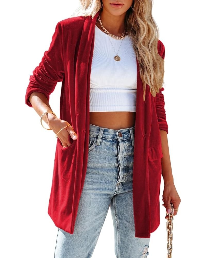 Women's Business Velvet Blazer Jacket Casual Long Sleeve Lapel Collar Blazer Suits Tops Long Cardigan Outerwear A Red $15.98 ...