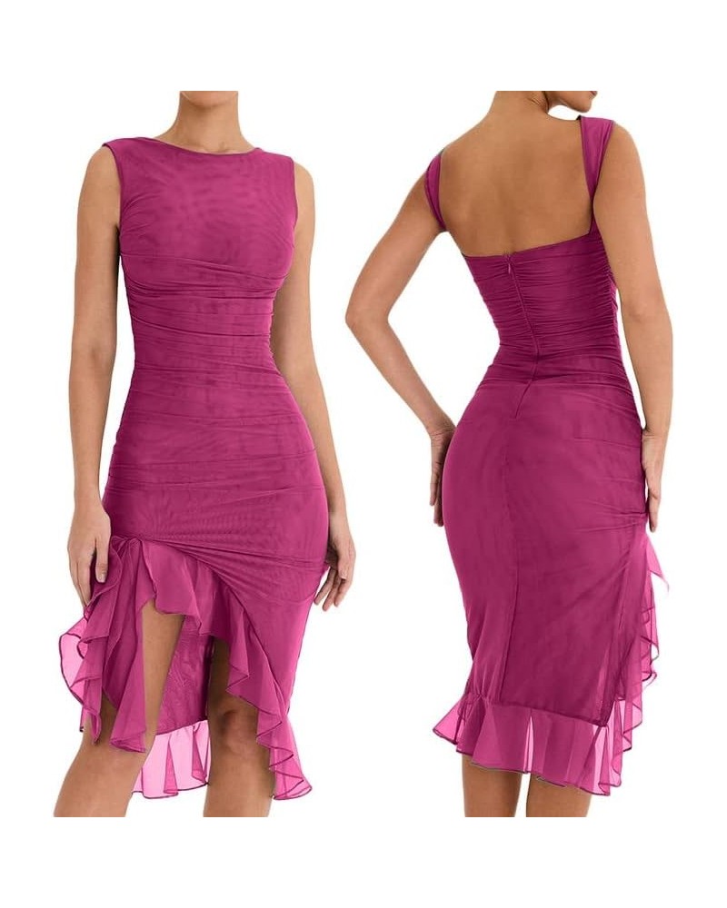 Women Sexy Ruffle Trim Midi Dress Y2k Irregular Hem Tassels Frill Maxi Dresses Slim Fit Night Party Club Dress B3- Pink $11.1...