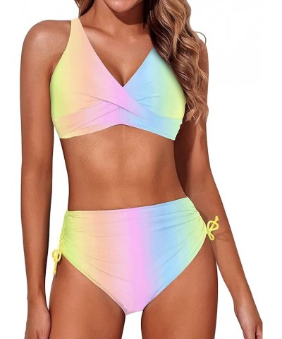 Women High Waisted Bikini Twist Front Swimsuits Lace up Bikini Tops Ruched Push up 2 Piece Bathing Suits Rainbow $17.35 Swims...