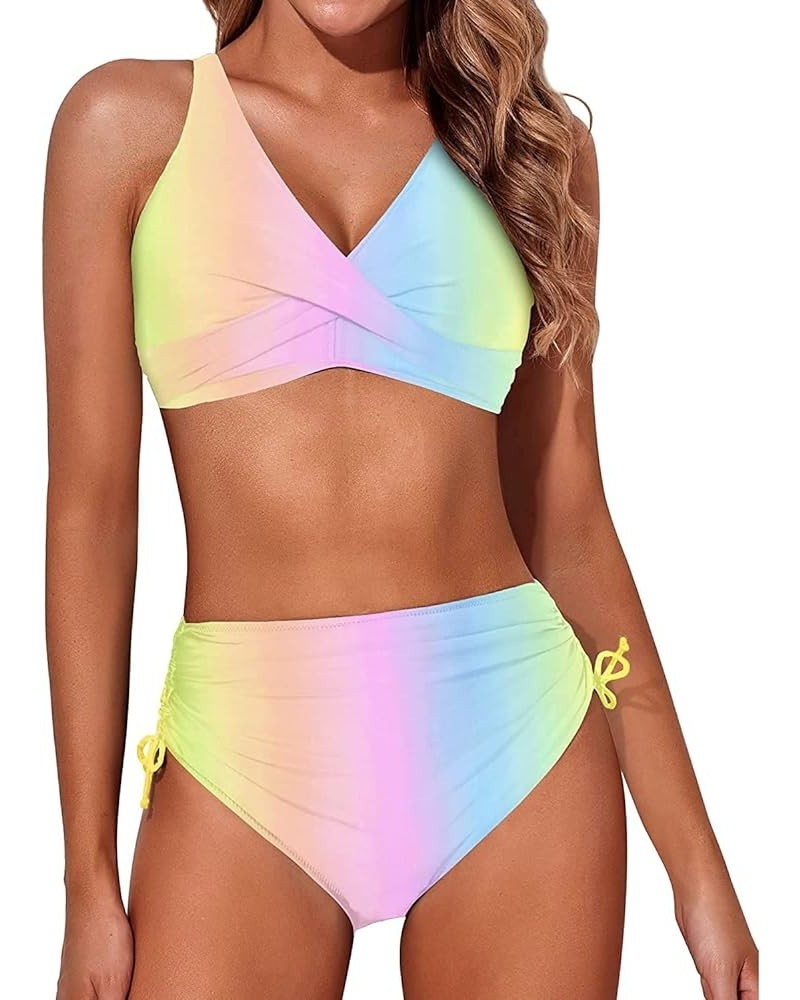 Women High Waisted Bikini Twist Front Swimsuits Lace up Bikini Tops Ruched Push up 2 Piece Bathing Suits Rainbow $17.35 Swims...