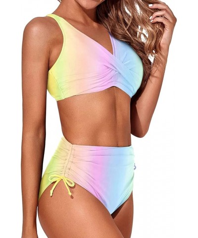 Women High Waisted Bikini Twist Front Swimsuits Lace up Bikini Tops Ruched Push up 2 Piece Bathing Suits Rainbow $17.35 Swims...