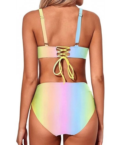 Women High Waisted Bikini Twist Front Swimsuits Lace up Bikini Tops Ruched Push up 2 Piece Bathing Suits Rainbow $17.35 Swims...