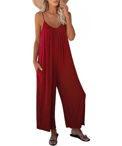 Womens Casual Sleeveless Strap Loose Adjustable Jumpsuits Stretchy Long Pants Romper with Pockets Red $15.51 Jumpsuits