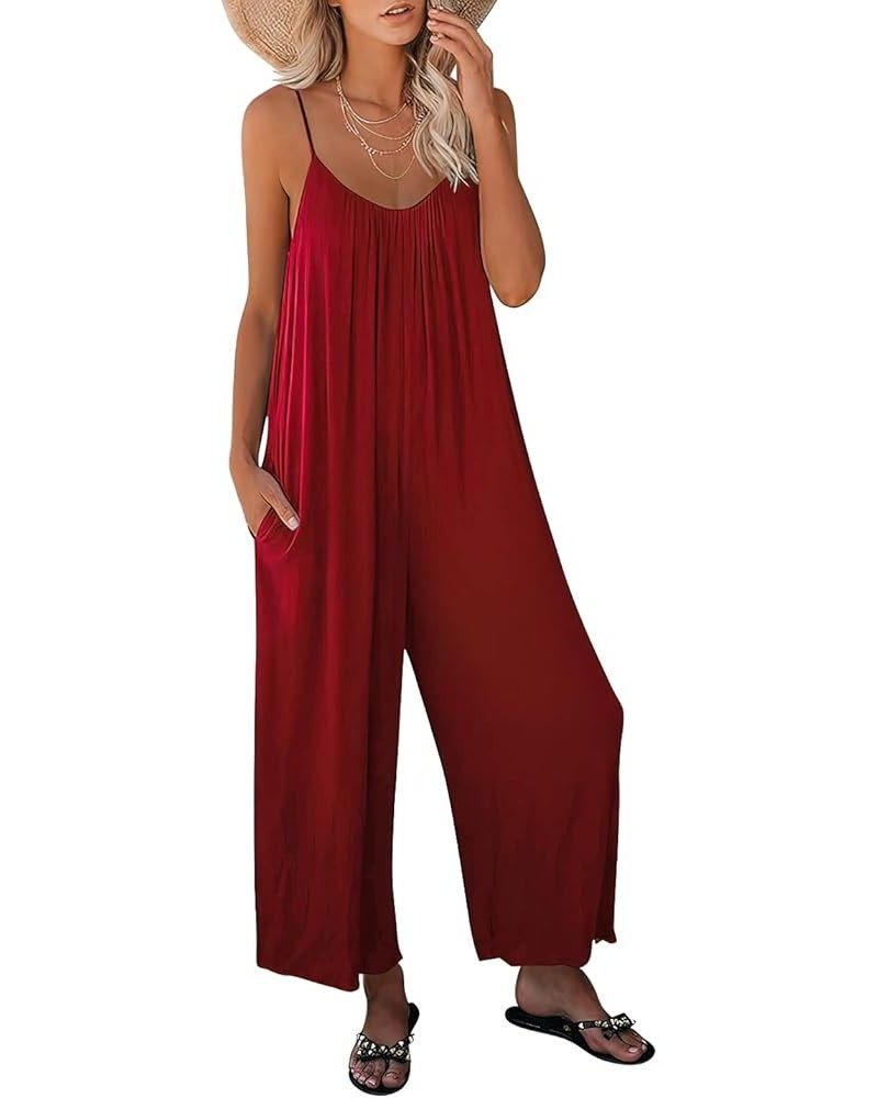 Womens Casual Sleeveless Strap Loose Adjustable Jumpsuits Stretchy Long Pants Romper with Pockets Red $15.51 Jumpsuits