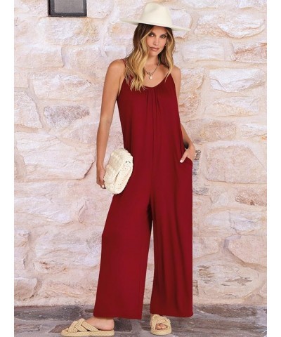 Womens Casual Sleeveless Strap Loose Adjustable Jumpsuits Stretchy Long Pants Romper with Pockets Red $15.51 Jumpsuits