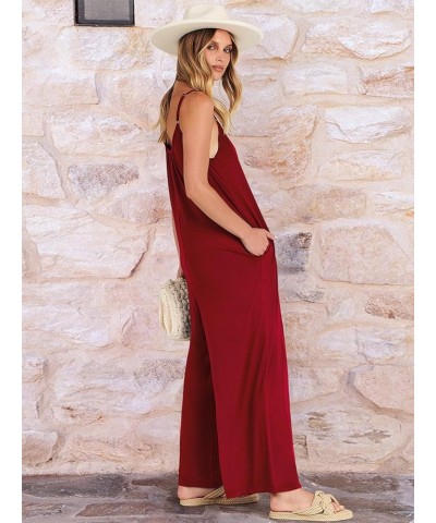 Womens Casual Sleeveless Strap Loose Adjustable Jumpsuits Stretchy Long Pants Romper with Pockets Red $15.51 Jumpsuits