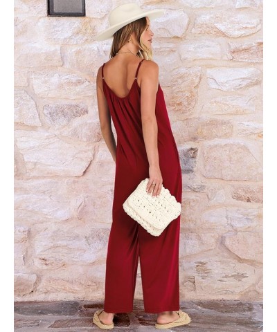 Womens Casual Sleeveless Strap Loose Adjustable Jumpsuits Stretchy Long Pants Romper with Pockets Red $15.51 Jumpsuits