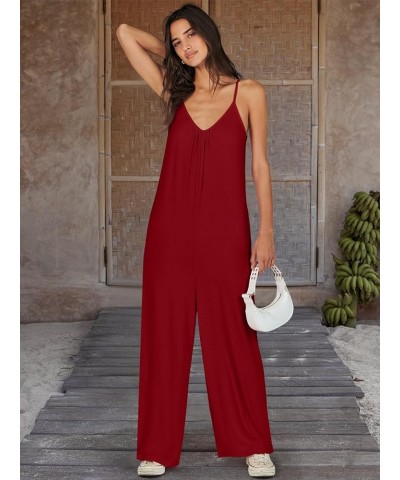 Womens Casual Sleeveless Strap Loose Adjustable Jumpsuits Stretchy Long Pants Romper with Pockets Red $15.51 Jumpsuits