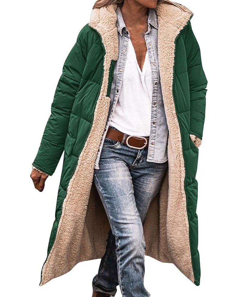 Women's Winter Coats Warm Fleece Lined Full Zip Longline Padded Jackets Oversized Long Sleeve Hooded Quilted Overcoat A-green...