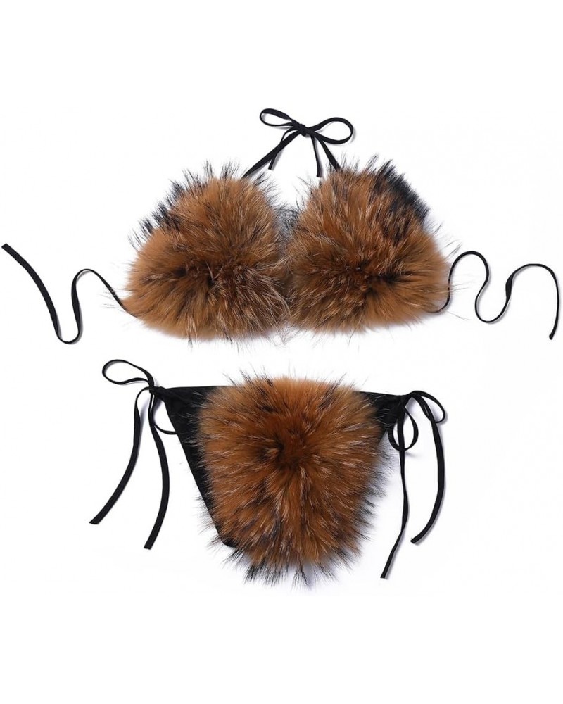 Womens Furry Faux Fur Bikini Sets Two Piece Halter String Triangle Swimsuits Bathing Suit Brown Polyester $22.13 Swimsuits