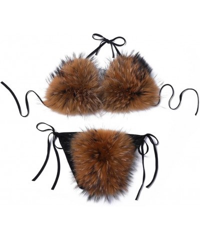 Womens Furry Faux Fur Bikini Sets Two Piece Halter String Triangle Swimsuits Bathing Suit Brown Polyester $22.13 Swimsuits