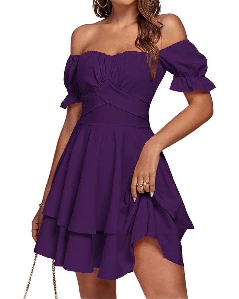 Women's Tie Back Off Shoulder Wrap Layer Ruffle Short Sleeve Mini Dress Dark Purple $27.83 Dresses