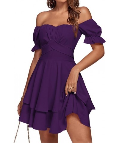 Women's Tie Back Off Shoulder Wrap Layer Ruffle Short Sleeve Mini Dress Dark Purple $27.83 Dresses