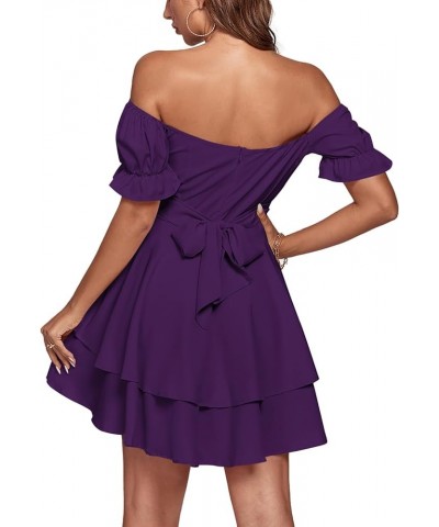 Women's Tie Back Off Shoulder Wrap Layer Ruffle Short Sleeve Mini Dress Dark Purple $27.83 Dresses