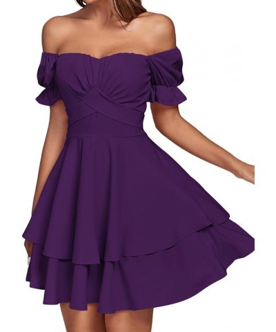 Women's Tie Back Off Shoulder Wrap Layer Ruffle Short Sleeve Mini Dress Dark Purple $27.83 Dresses