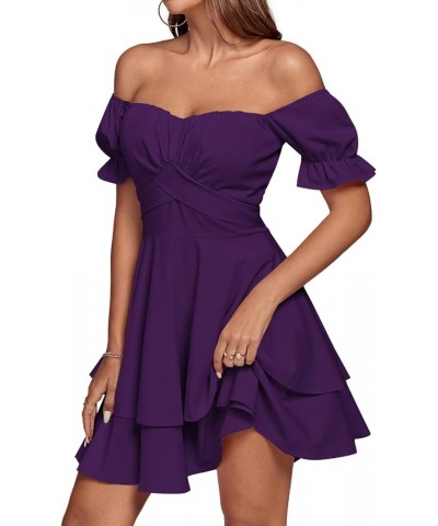 Women's Tie Back Off Shoulder Wrap Layer Ruffle Short Sleeve Mini Dress Dark Purple $27.83 Dresses