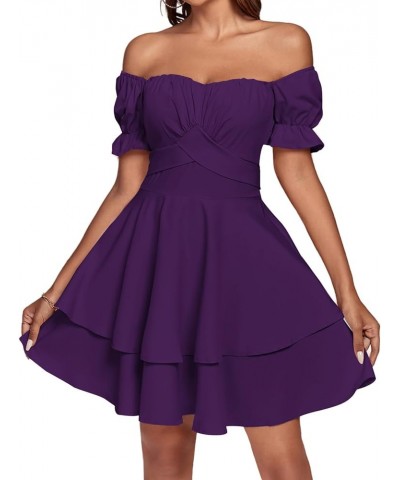 Women's Tie Back Off Shoulder Wrap Layer Ruffle Short Sleeve Mini Dress Dark Purple $27.83 Dresses