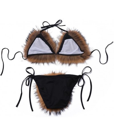 Womens Furry Faux Fur Bikini Sets Two Piece Halter String Triangle Swimsuits Bathing Suit Brown Polyester $22.13 Swimsuits