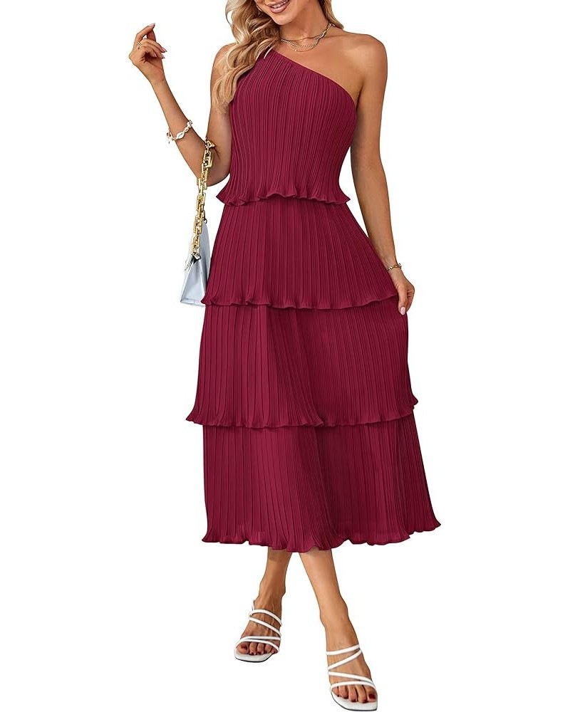 Women's Summer One Shoulder Sleeveless Pleated Ruffle Tiered Layered Chiffon Party Dress Winered $27.55 Dresses