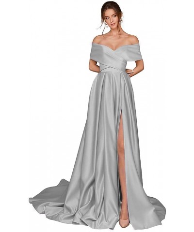 Women's Off The Shoulder Prom Dresses Long Slit Satin A-line Evening Formal Gowns with Pockets Silver $37.87 Dresses