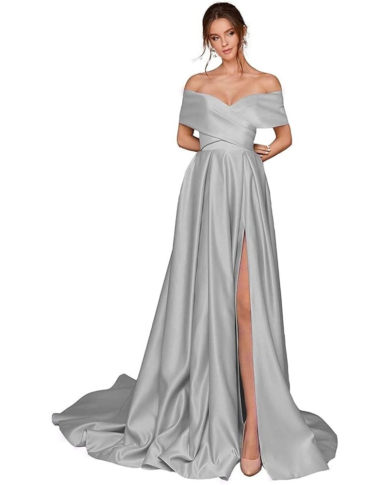 Women's Off The Shoulder Prom Dresses Long Slit Satin A-line Evening Formal Gowns with Pockets Silver $37.87 Dresses