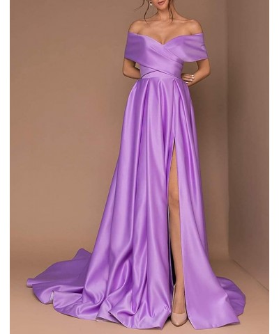 Women's Off The Shoulder Prom Dresses Long Slit Satin A-line Evening Formal Gowns with Pockets Silver $37.87 Dresses