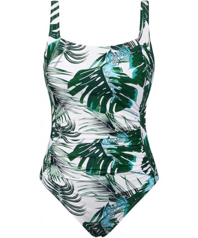 Women's One Piece Swimsuits Shirred Tank Swimwear Vintage Tummy Control Bathing Suits Green&blue Leaves $23.77 Swimsuits