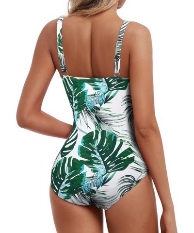 Women's One Piece Swimsuits Shirred Tank Swimwear Vintage Tummy Control Bathing Suits Green&blue Leaves $23.77 Swimsuits