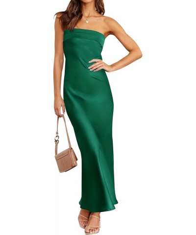 Women 2024 Summer Strapless Satin Tube Bodycon Backless Wedding Guest Maxi Dress Dark Green $32.47 Dresses