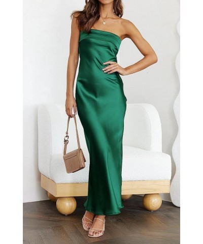 Women 2024 Summer Strapless Satin Tube Bodycon Backless Wedding Guest Maxi Dress Dark Green $32.47 Dresses