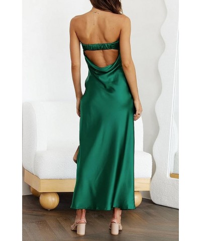 Women 2024 Summer Strapless Satin Tube Bodycon Backless Wedding Guest Maxi Dress Dark Green $32.47 Dresses