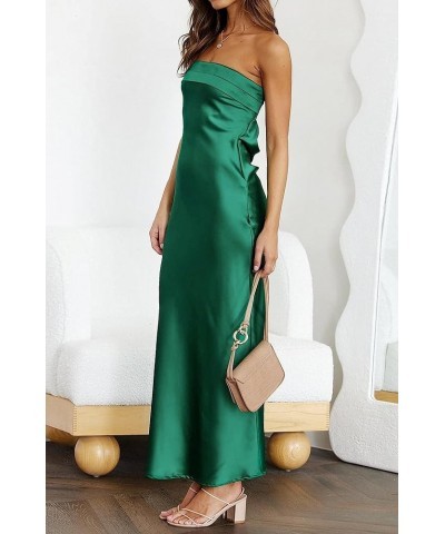 Women 2024 Summer Strapless Satin Tube Bodycon Backless Wedding Guest Maxi Dress Dark Green $32.47 Dresses