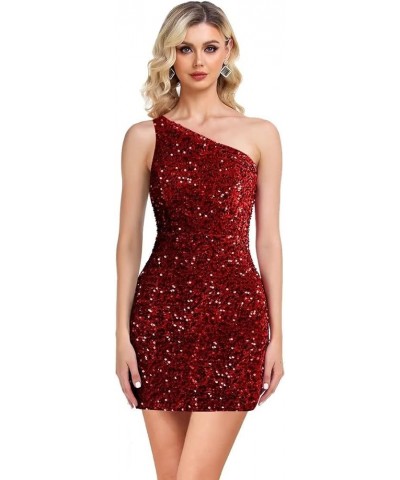 One Shoulder Sequin Homecoming Dress Tight Short Prom Dress Sparkly Backless Cocktail Mini Dress for Teens Wine Red $34.56 Dr...