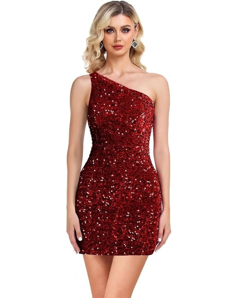 One Shoulder Sequin Homecoming Dress Tight Short Prom Dress Sparkly Backless Cocktail Mini Dress for Teens Wine Red $34.56 Dr...