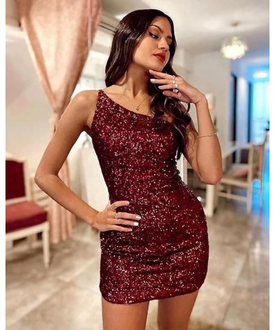 One Shoulder Sequin Homecoming Dress Tight Short Prom Dress Sparkly Backless Cocktail Mini Dress for Teens Wine Red $34.56 Dr...