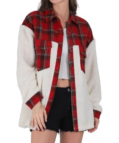 Women's Flannel Button Down Fleece Jacket Fall Fuzzy Plaid Blouse Jacket Winter Lightweight Coats Red $17.33 Jackets