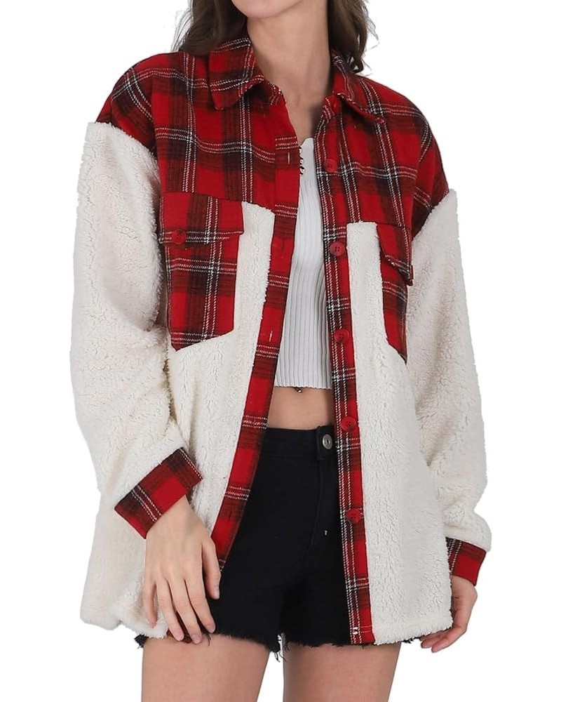 Women's Flannel Button Down Fleece Jacket Fall Fuzzy Plaid Blouse Jacket Winter Lightweight Coats Red $17.33 Jackets